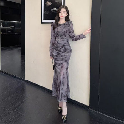 Pretty Jewel Neck Long Sleeve Maxi Dress Charming Sheath Floral Print Ruched Long Dress AP3727