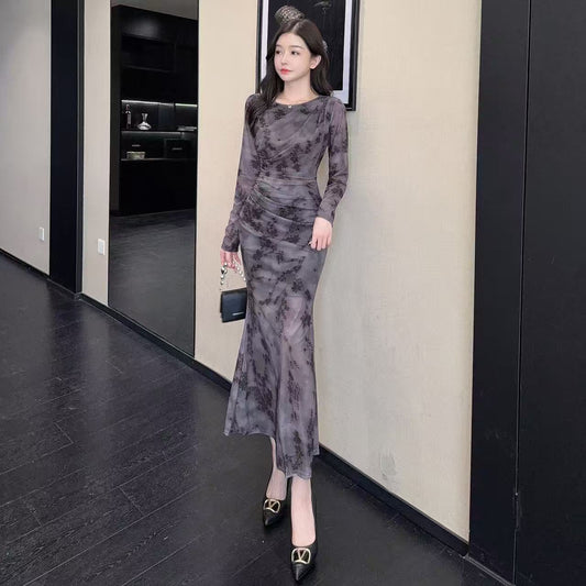 Pretty Jewel Neck Long Sleeve Maxi Dress Charming Sheath Floral Print Ruched Long Dress AP3727