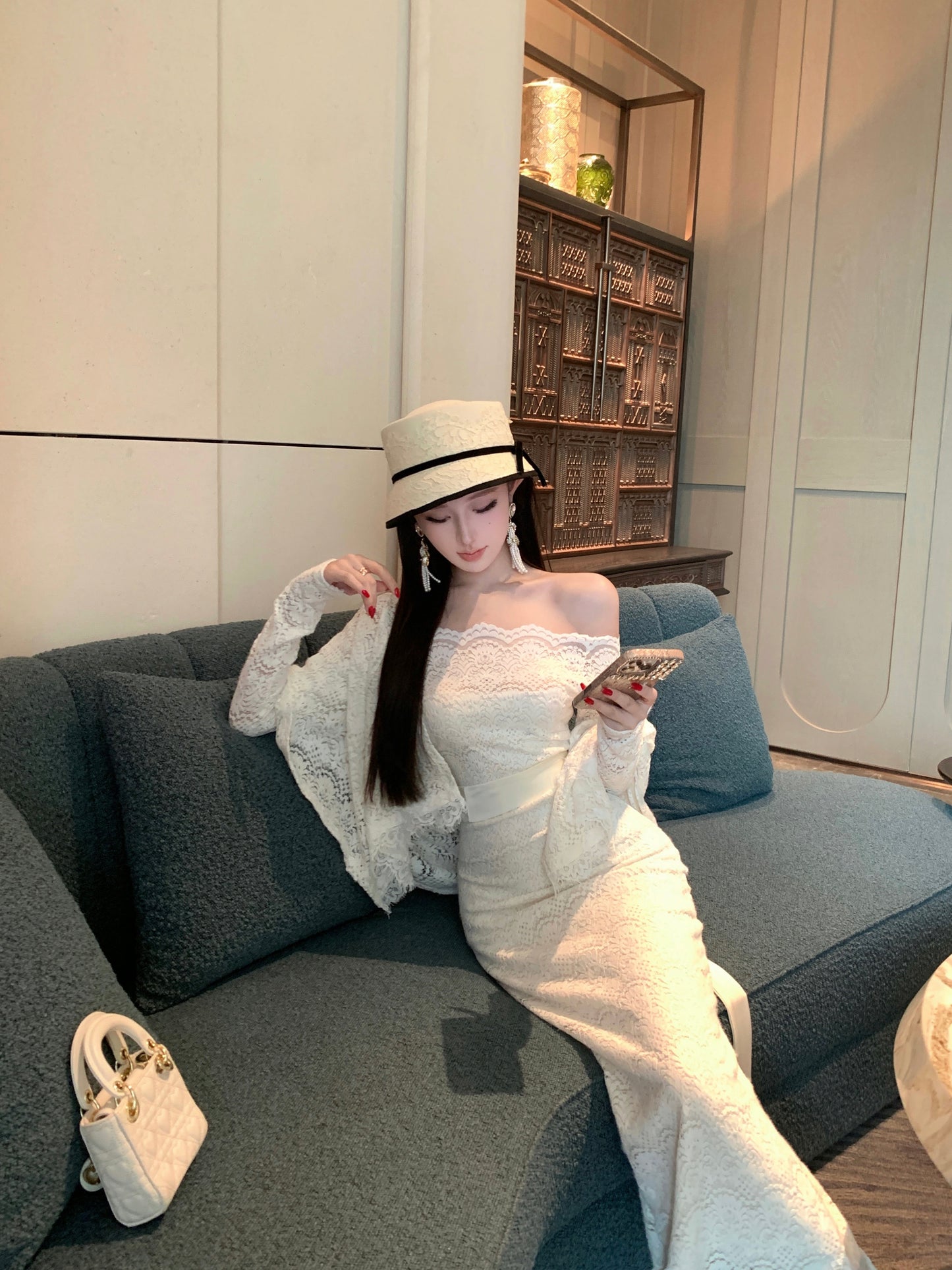 Princess Sheath Long Sleeve Slit Evening Maxi Dress Chic Lace Splicing Off-Shoulder Long Dress AP3728