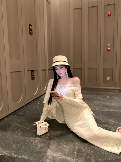 Princess Sheath Long Sleeve Slit Evening Maxi Dress Chic Lace Splicing Off-Shoulder Long Dress AP3728