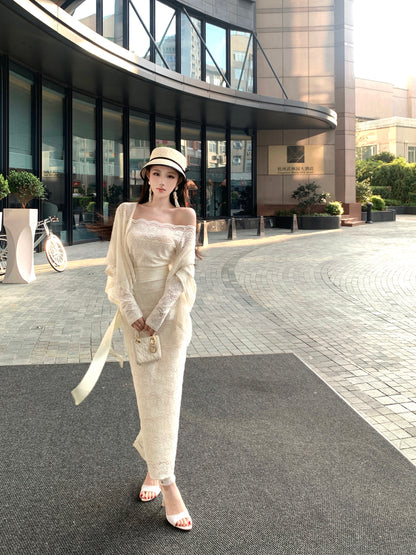 Princess Sheath Long Sleeve Slit Evening Maxi Dress Chic Lace Splicing Off-Shoulder Long Dress AP3728