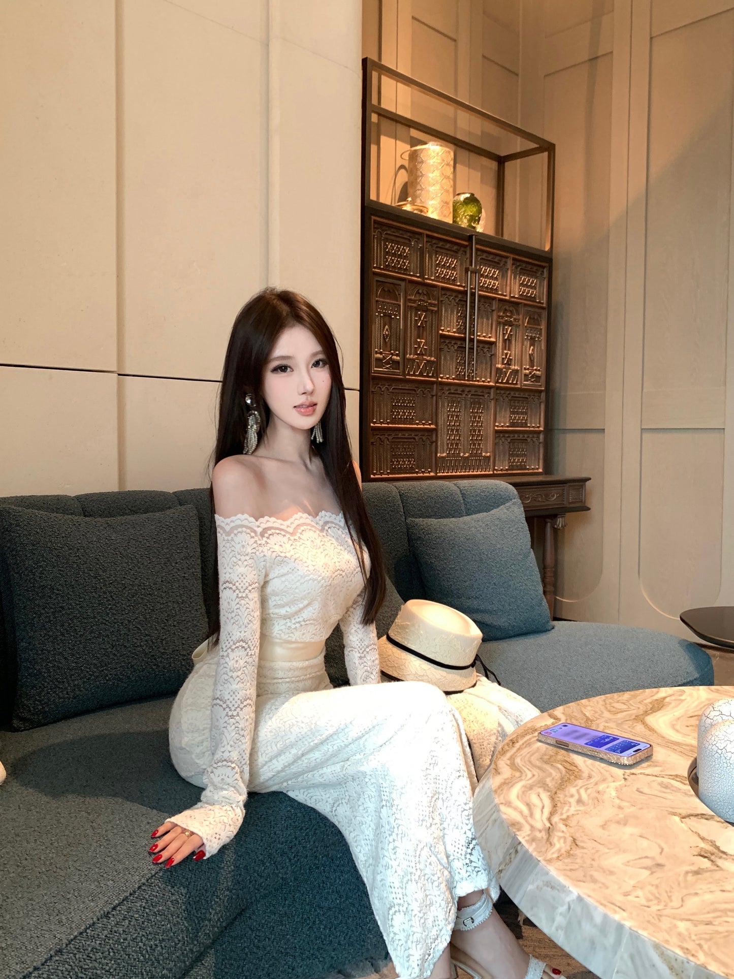 Princess Sheath Long Sleeve Slit Evening Maxi Dress Chic Lace Splicing Off-Shoulder Long Dress AP3728