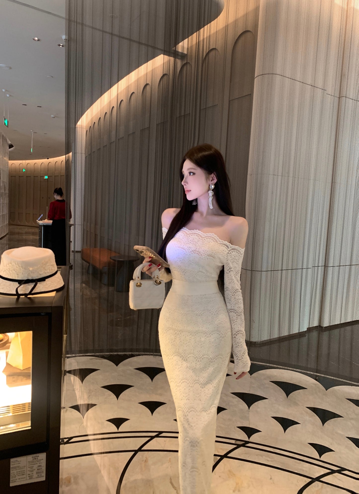 Princess Sheath Long Sleeve Slit Evening Maxi Dress Chic Lace Splicing Off-Shoulder Long Dress AP3728