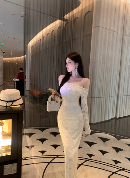 Princess Sheath Long Sleeve Slit Evening Maxi Dress Chic Lace Splicing Off-Shoulder Long Dress AP3728