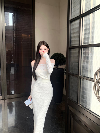 Princess Sheath Long Sleeve Slit Evening Maxi Dress Chic Lace Splicing Off-Shoulder Long Dress AP3728