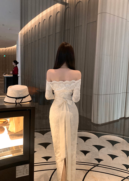 Princess Sheath Long Sleeve Slit Evening Maxi Dress Chic Lace Splicing Off-Shoulder Long Dress AP3728