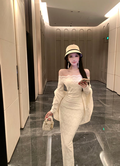 Princess Sheath Long Sleeve Slit Evening Maxi Dress Chic Lace Splicing Off-Shoulder Long Dress AP3728