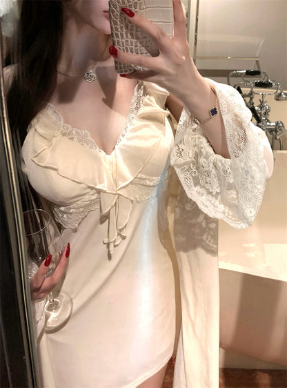 Fancy Lace Trim Parties Outfit Sheath Mini Skirt With Cardigan Elegant Spaghetti Strap White Short Dress AP3729