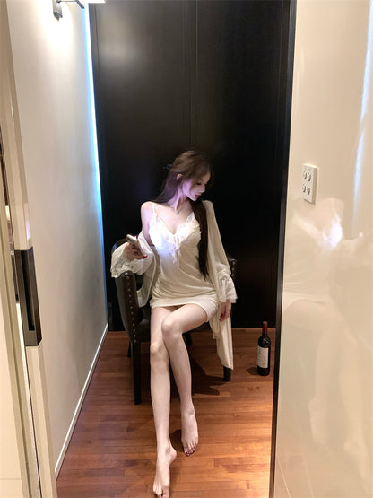 Fancy Lace Trim Parties Outfit Sheath Mini Skirt With Cardigan Elegant Spaghetti Strap White Short Dress AP3729