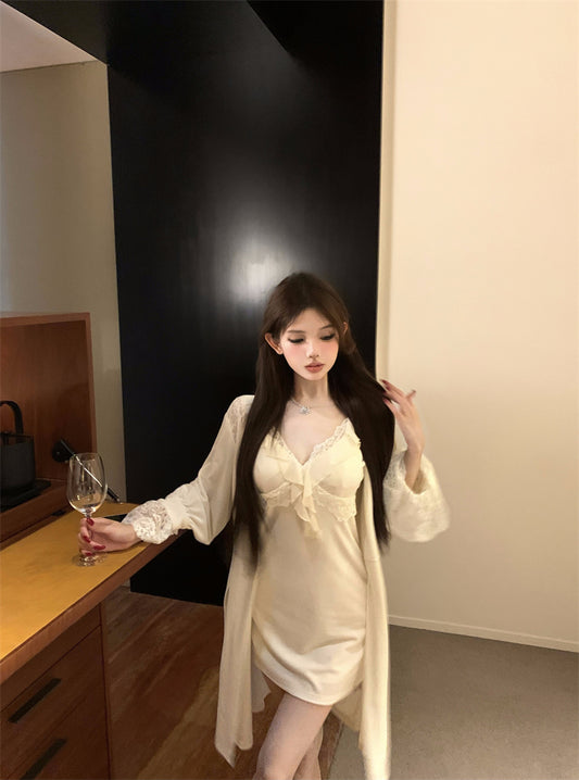 Fancy Lace Trim Parties Outfit Sheath Mini Skirt With Cardigan Elegant Spaghetti Strap White Short Dress AP3729