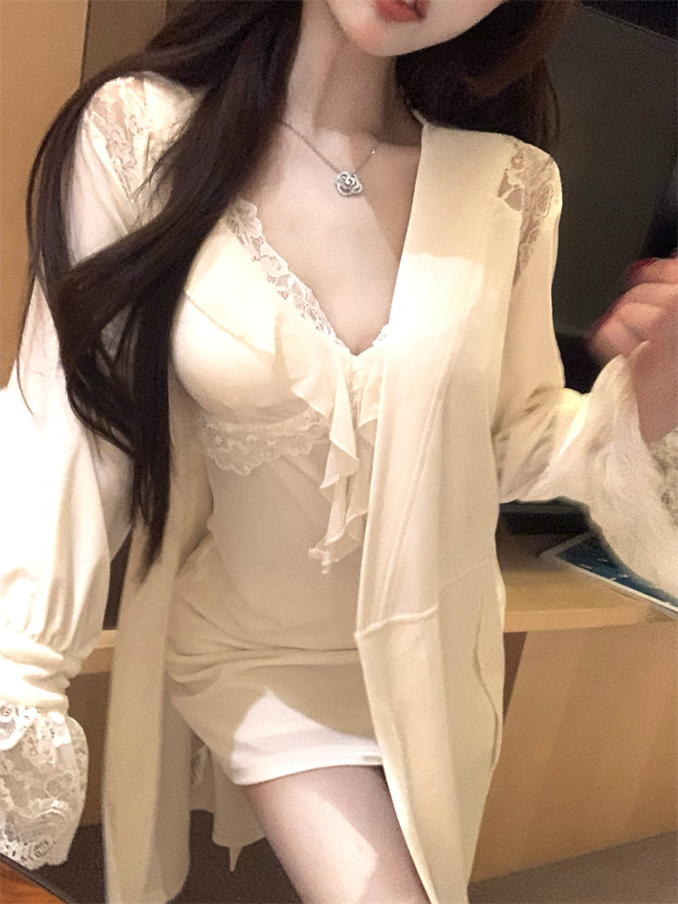 Fancy Lace Trim Parties Outfit Sheath Mini Skirt With Cardigan Elegant Spaghetti Strap White Short Dress AP3729