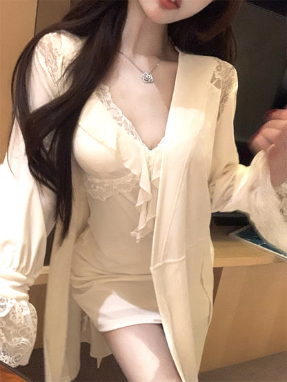 Fancy Lace Trim Parties Outfit Sheath Mini Skirt With Cardigan Elegant Spaghetti Strap White Short Dress AP3729