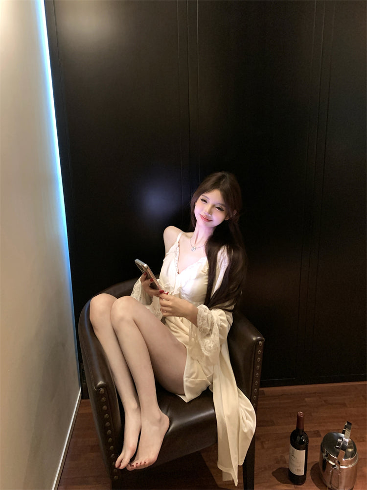 Fancy Lace Trim Parties Outfit Sheath Mini Skirt With Cardigan Elegant Spaghetti Strap White Short Dress AP3729