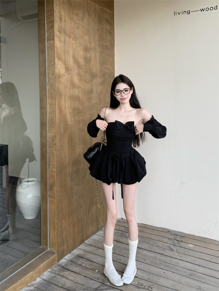Delicate Black A-Line Bow Mini Skirt Sexy Strapless Detachable Sleeve Backless Short Dress AP3730
