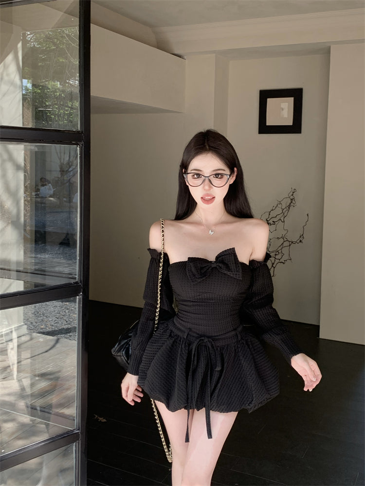 Delicate Black A-Line Bow Mini Skirt Sexy Strapless Detachable Sleeve Backless Short Dress AP3730