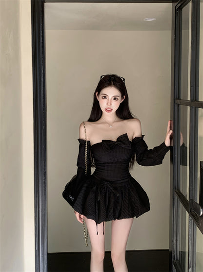 Delicate Black A-Line Bow Mini Skirt Sexy Strapless Detachable Sleeve Backless Short Dress AP3730