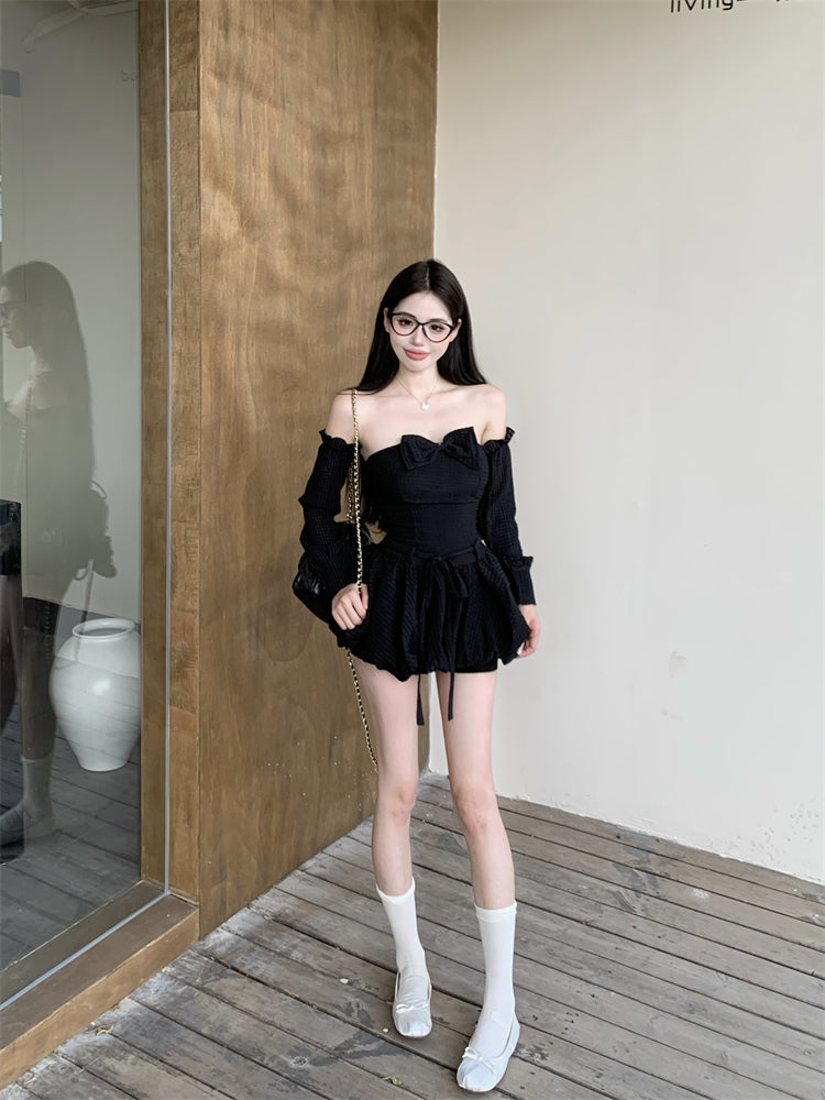 Delicate Black A-Line Bow Mini Skirt Sexy Strapless Detachable Sleeve Backless Short Dress AP3730