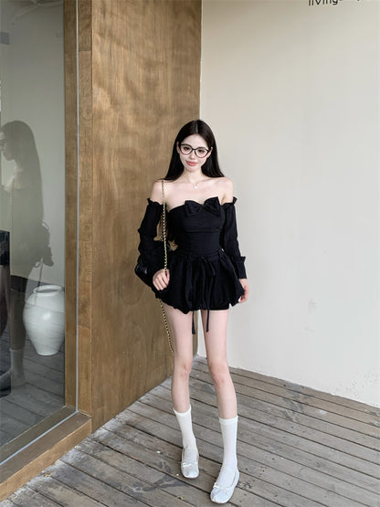 Delicate Black A-Line Bow Mini Skirt Sexy Strapless Detachable Sleeve Backless Short Dress AP3730