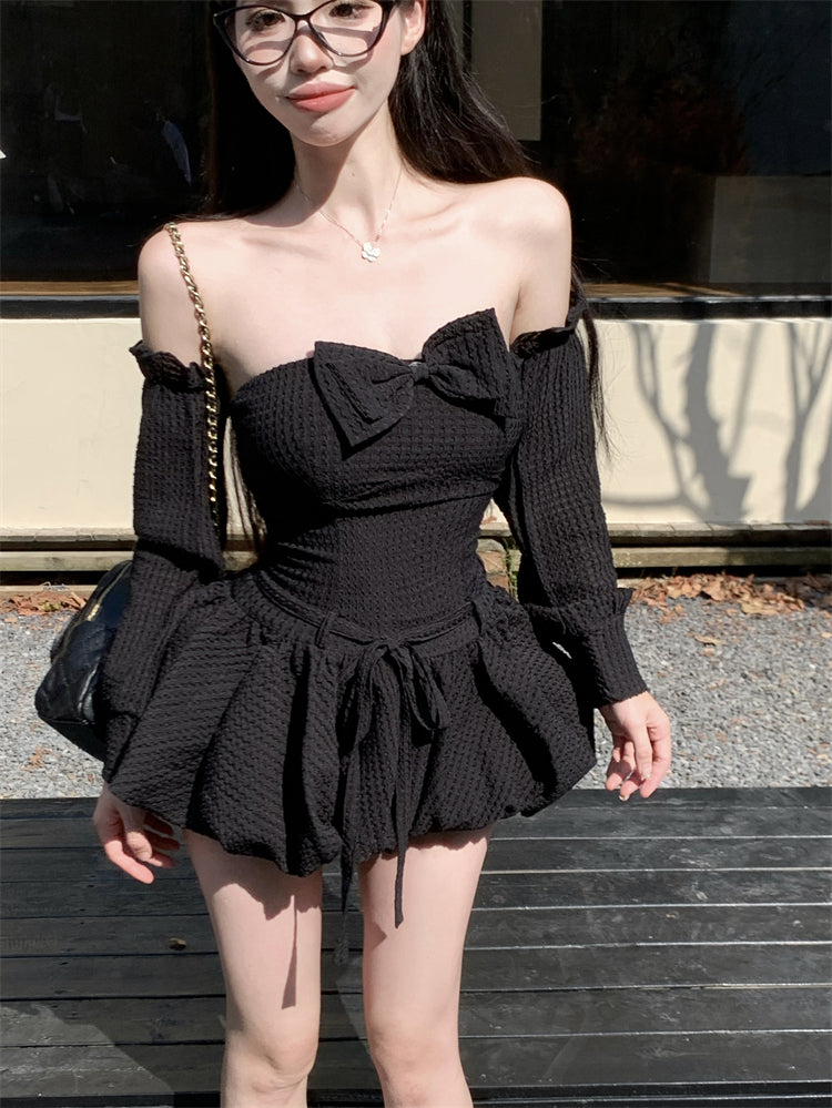Delicate Black A-Line Bow Mini Skirt Sexy Strapless Detachable Sleeve Backless Short Dress AP3730