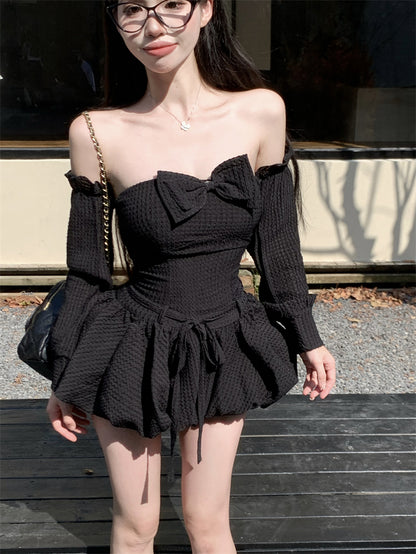 Delicate Black A-Line Bow Mini Skirt Sexy Strapless Detachable Sleeve Backless Short Dress AP3730