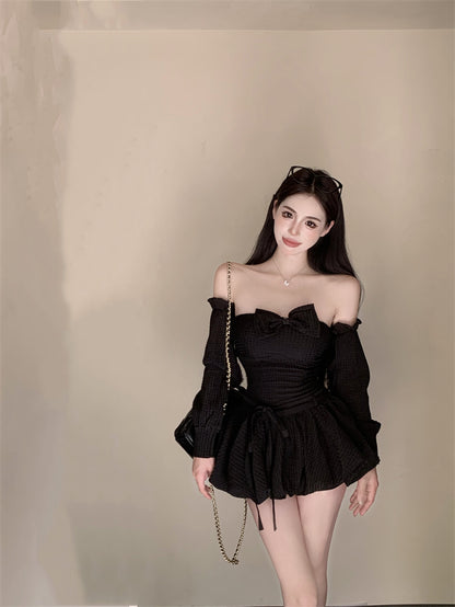 Delicate Black A-Line Bow Mini Skirt Sexy Strapless Detachable Sleeve Backless Short Dress AP3730