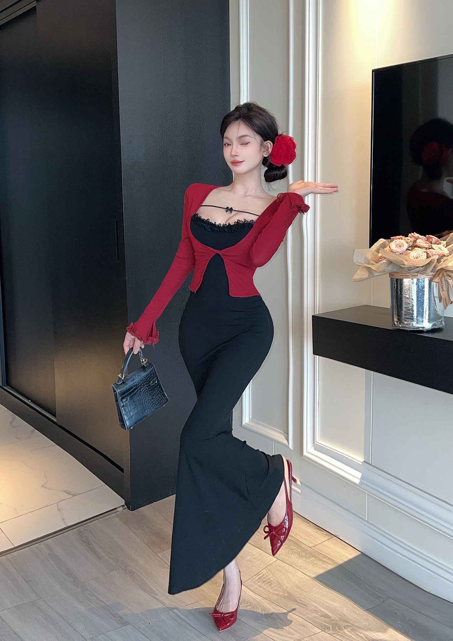 Hot Girls Lace Trim Square Neck Colorblock Maxi Dress Alluring Mermaid Long Sleeve Long Dress AP3731