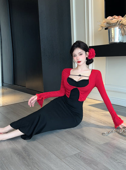 Hot Girls Lace Trim Square Neck Colorblock Maxi Dress Alluring Mermaid Long Sleeve Long Dress AP3731