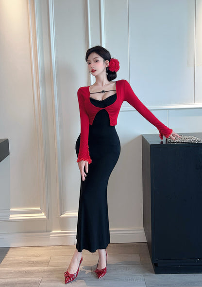 Hot Girls Lace Trim Square Neck Colorblock Maxi Dress Alluring Mermaid Long Sleeve Long Dress AP3731