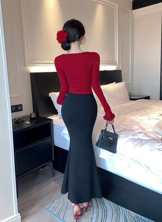 Hot Girls Lace Trim Square Neck Colorblock Maxi Dress Alluring Mermaid Long Sleeve Long Dress AP3731