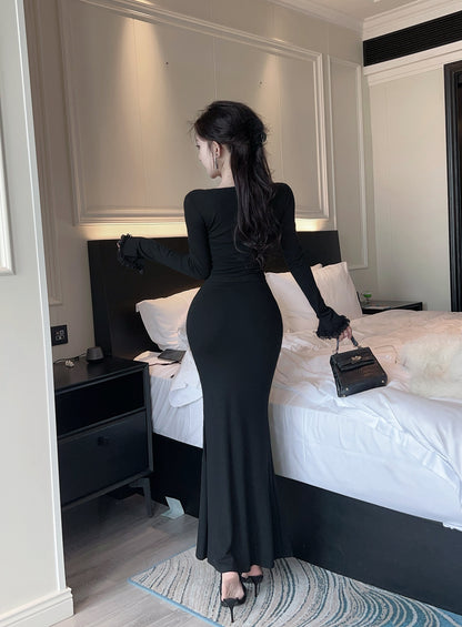 Gen Z Style Square Neck Lace Trim Maxi Dress Fancy Black Long Sleeve Mermaid Long Dress AP3732