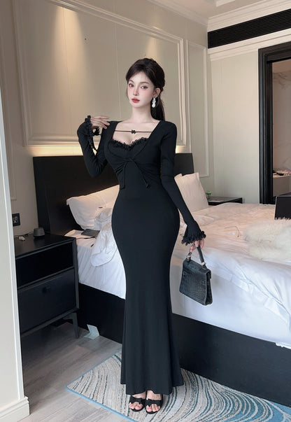 Gen Z Style Square Neck Lace Trim Maxi Dress Fancy Black Long Sleeve Mermaid Long Dress AP3732