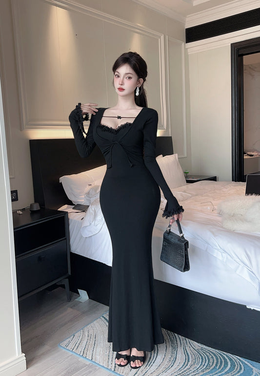 Gen Z Style Square Neck Lace Trim Maxi Dress Fancy Black Long Sleeve Mermaid Long Dress AP3732