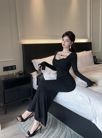 Gen Z Style Square Neck Lace Trim Maxi Dress Fancy Black Long Sleeve Mermaid Long Dress AP3732