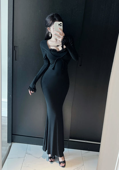 Gen Z Style Square Neck Lace Trim Maxi Dress Fancy Black Long Sleeve Mermaid Long Dress AP3732