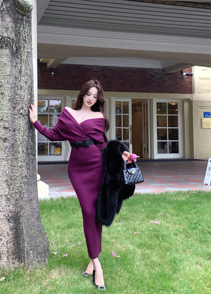 Hottie Deep V Neck Knitted Maxi Dress Fashionable Stretchy Long Sleeve Sheath Long Dress AP3733
