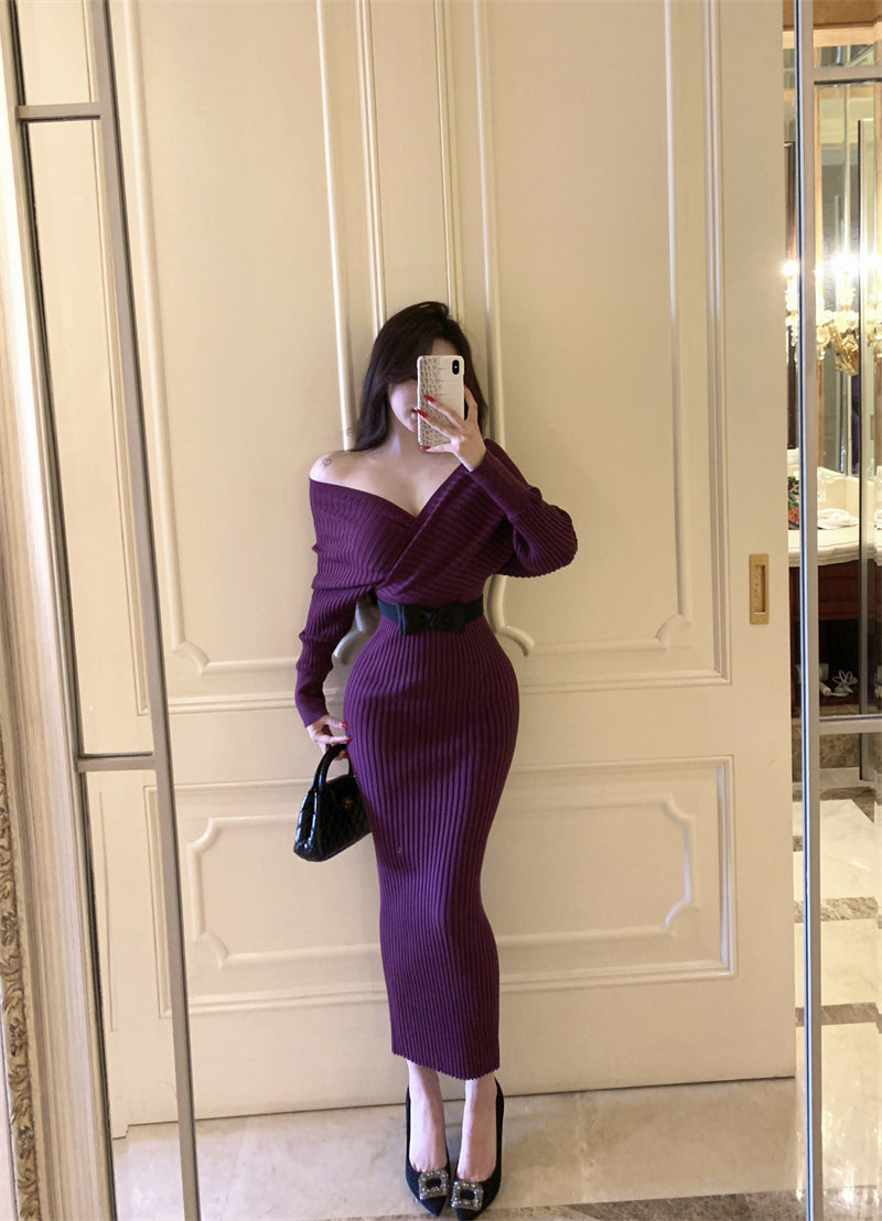 Hottie Deep V Neck Knitted Maxi Dress Fashionable Stretchy Long Sleeve Sheath Long Dress AP3733