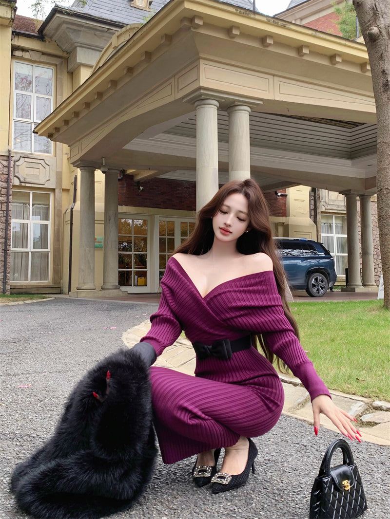 Hottie Deep V Neck Knitted Maxi Dress Fashionable Stretchy Long Sleeve Sheath Long Dress AP3733