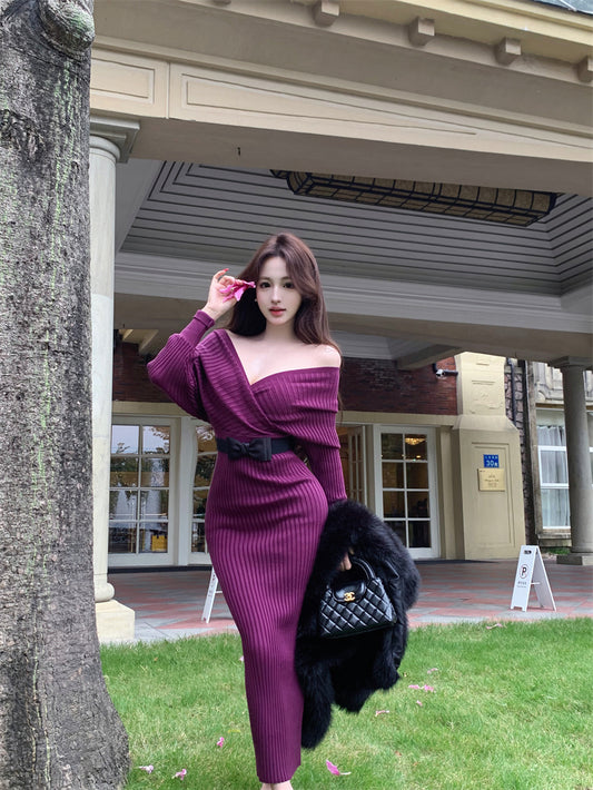 Hottie Deep V Neck Knitted Maxi Dress Fashionable Stretchy Long Sleeve Sheath Long Dress AP3733