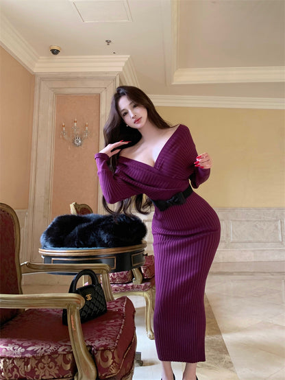Hottie Deep V Neck Knitted Maxi Dress Fashionable Stretchy Long Sleeve Sheath Long Dress AP3733