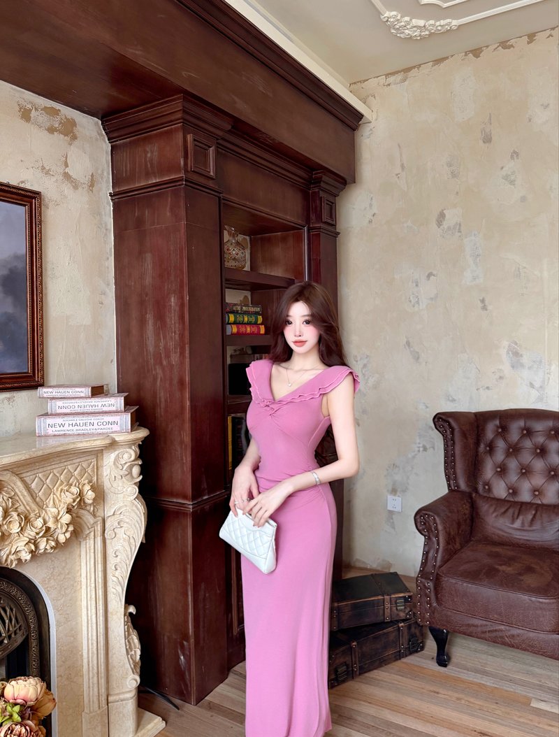 Casual V Neck Pink Evening Maxi Dress Everyday Wear Sheath Ruffles Trim Long Dress AP3734