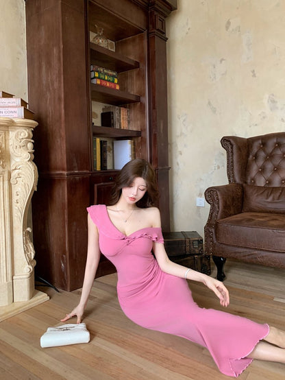Casual V Neck Pink Evening Maxi Dress Everyday Wear Sheath Ruffles Trim Long Dress AP3734