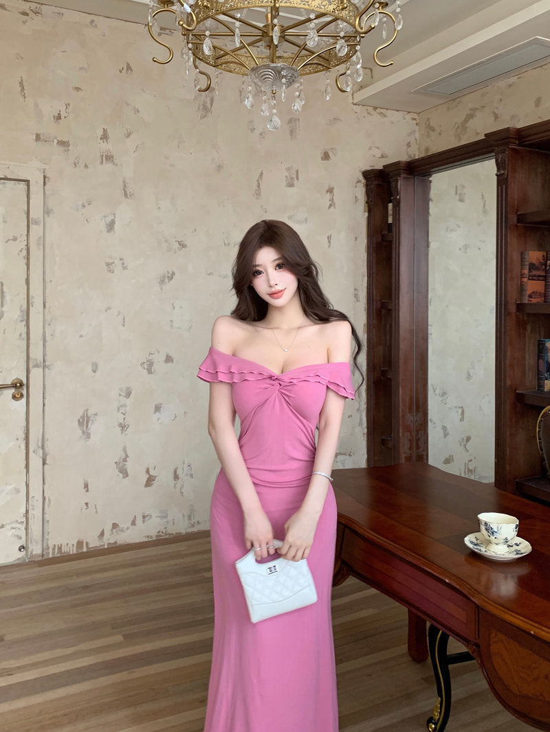 Casual V Neck Pink Evening Maxi Dress Everyday Wear Sheath Ruffles Trim Long Dress AP3734