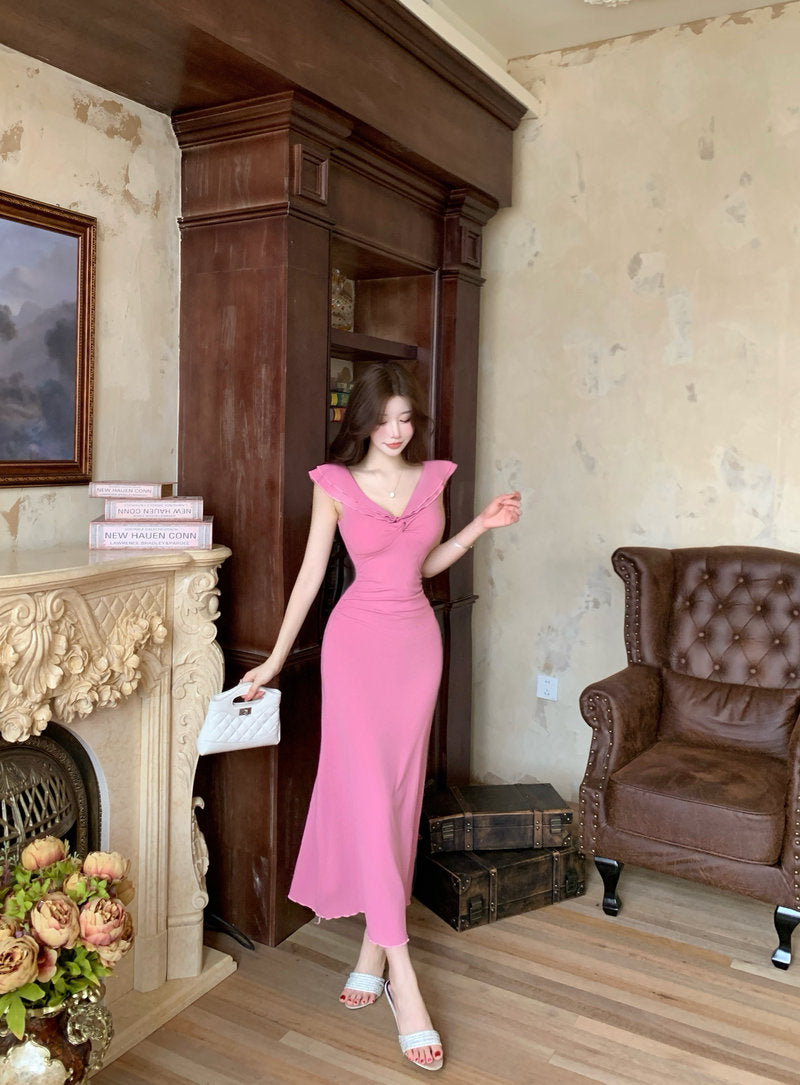 Casual V Neck Pink Evening Maxi Dress Everyday Wear Sheath Ruffles Trim Long Dress AP3734