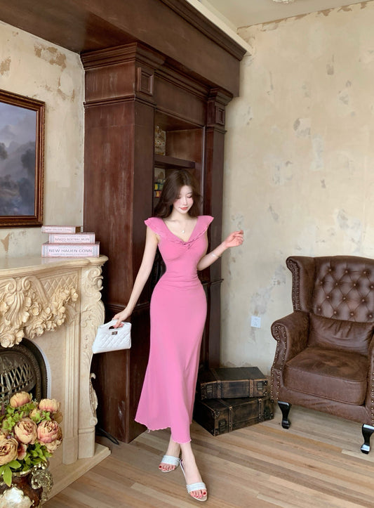 Casual V Neck Pink Evening Maxi Dress Everyday Wear Sheath Ruffles Trim Long Dress AP3734