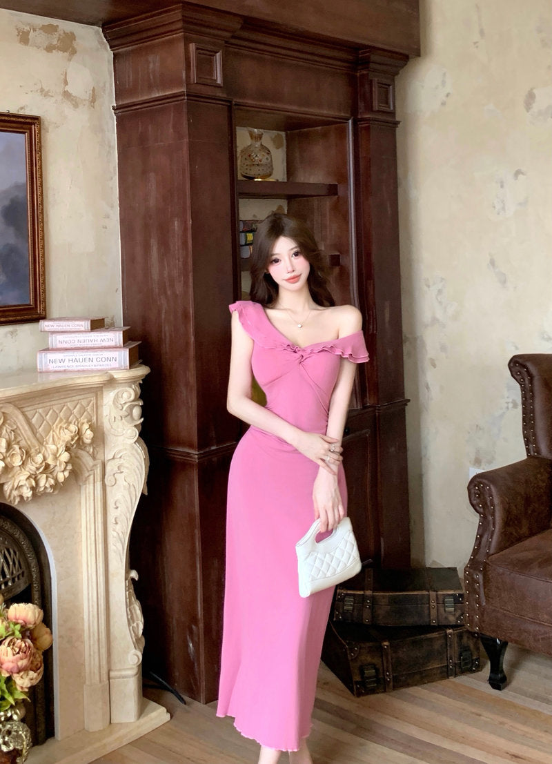 Casual V Neck Pink Evening Maxi Dress Everyday Wear Sheath Ruffles Trim Long Dress AP3734