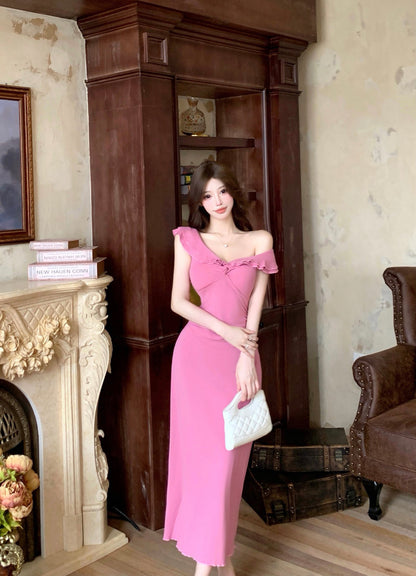 Casual V Neck Pink Evening Maxi Dress Everyday Wear Sheath Ruffles Trim Long Dress AP3734