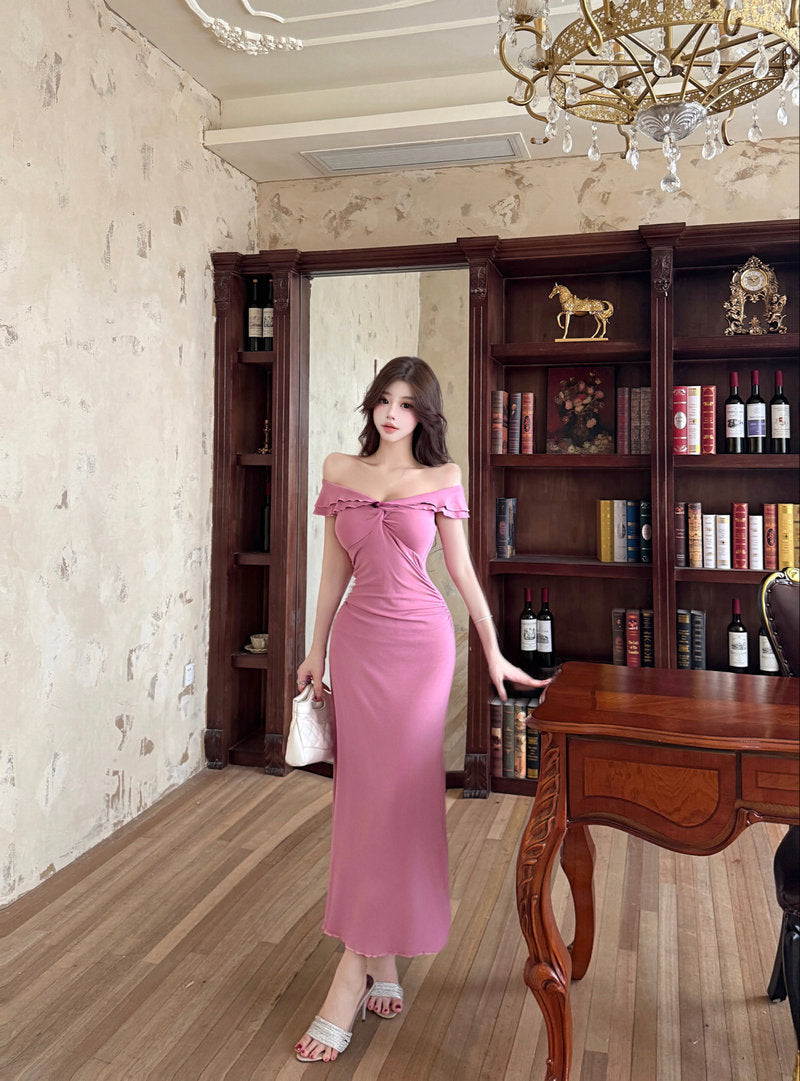 Casual V Neck Pink Evening Maxi Dress Everyday Wear Sheath Ruffles Trim Long Dress AP3734