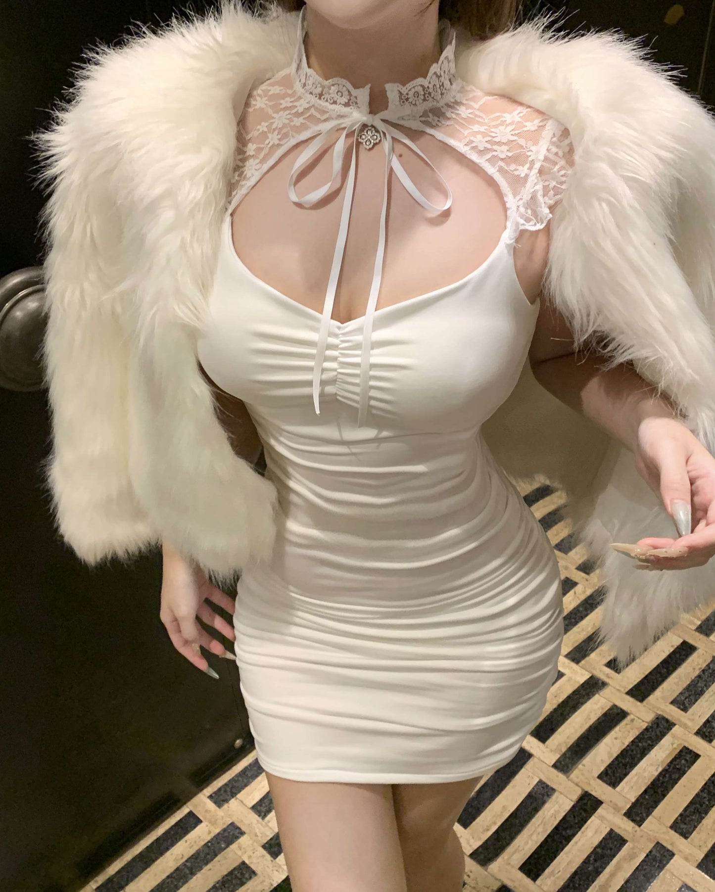 Y2K Cutout White Lace Trim High Collar Mini Skirt Chic Bodycon Parties Outside Halter Short Dress AP3735