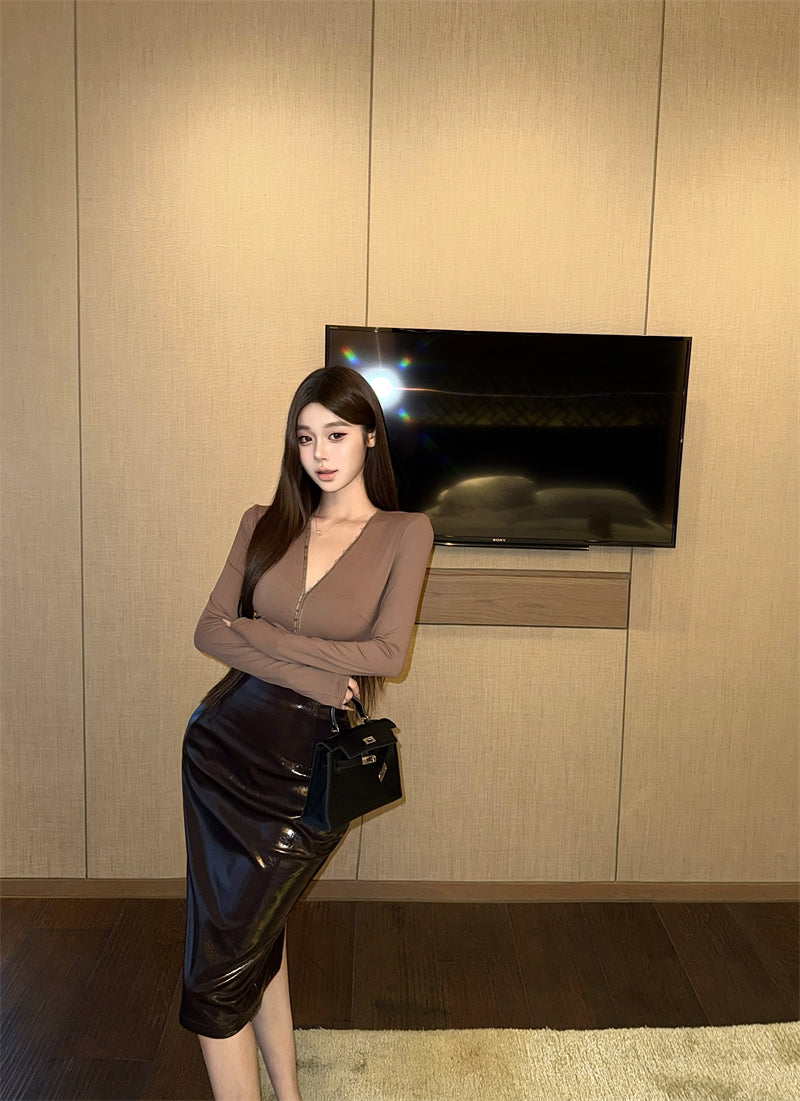 New Tendency 2-Piece Set V Neck Midi Skirt Vogue Long Sleeve Blouse Sheath Leather Slit Long Dress AP3736