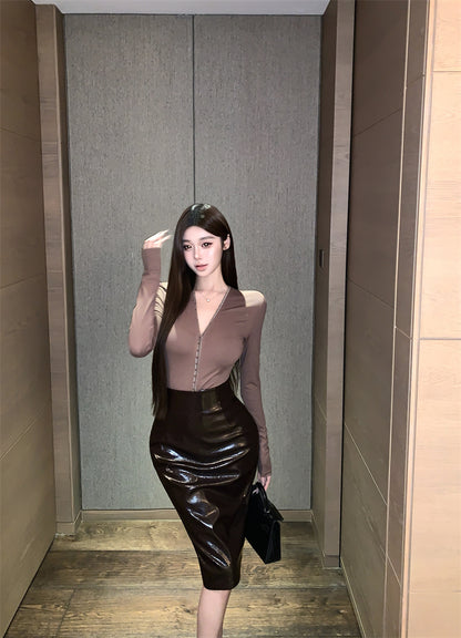 New Tendency 2-Piece Set V Neck Midi Skirt Vogue Long Sleeve Blouse Sheath Leather Slit Long Dress AP3736